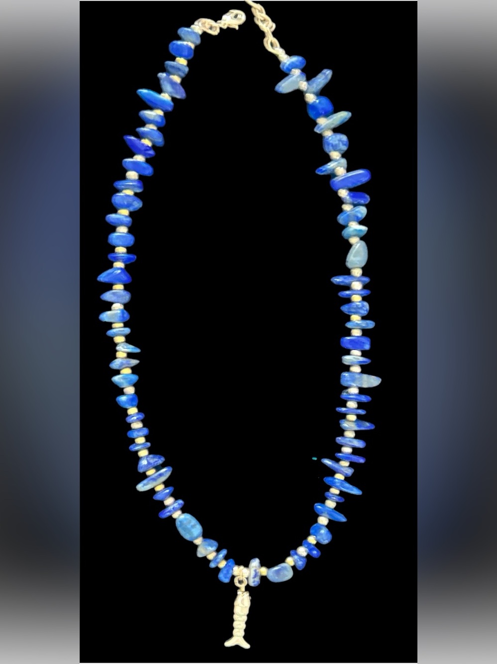 Cobalt Blue Stone Chip Beaded Fish Charm Coastal Boho Necklace